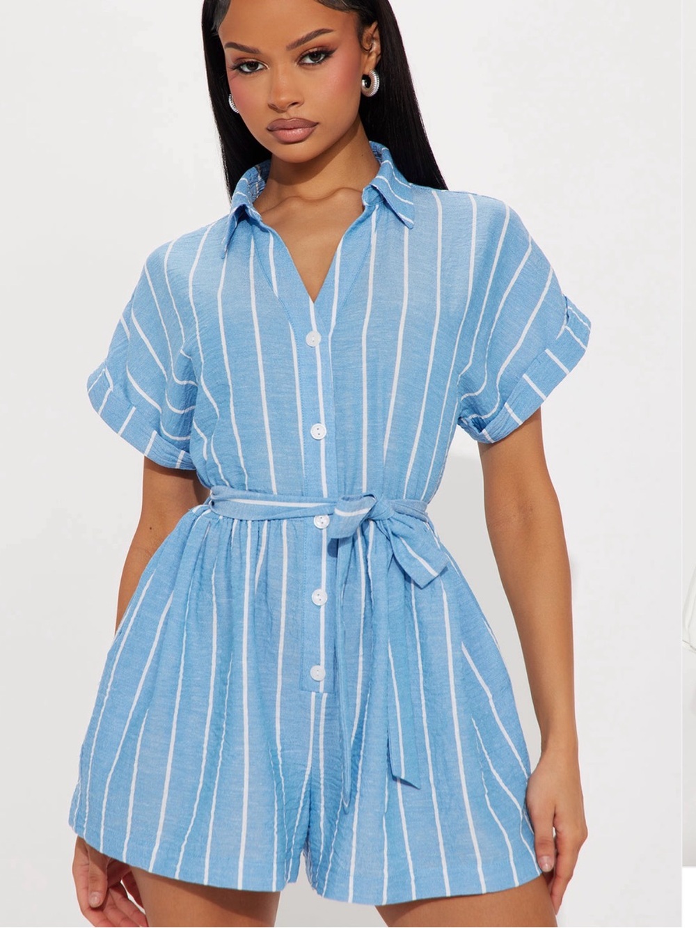 Nova Light Blue and White Striped Button Romper tie belt medium SOLD OUT